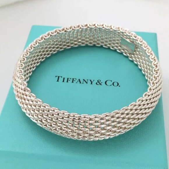 Tiffany Somerset Silver Mesh Weave Flexible Bangle Bracelet with Box or Pouch